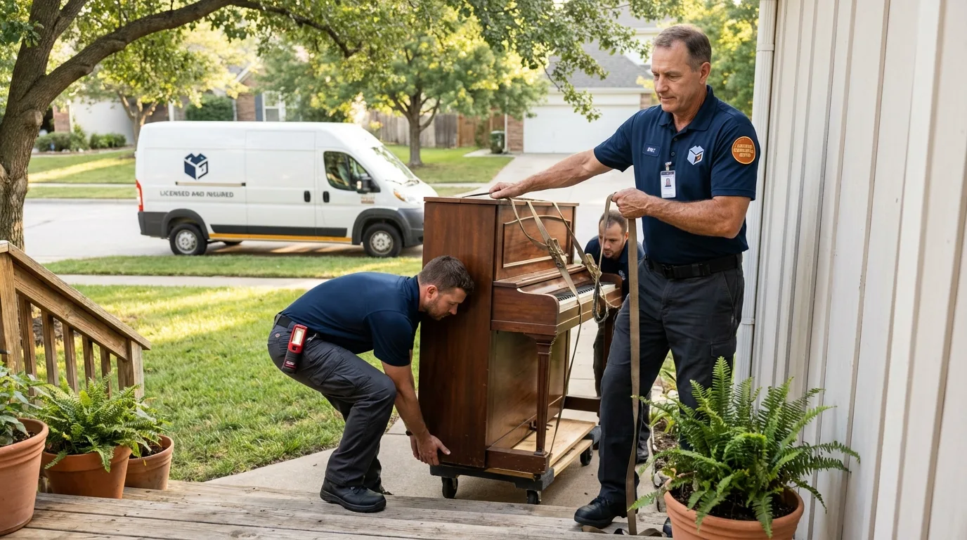 Licensed piano movers securing grand piano in Granby, CO