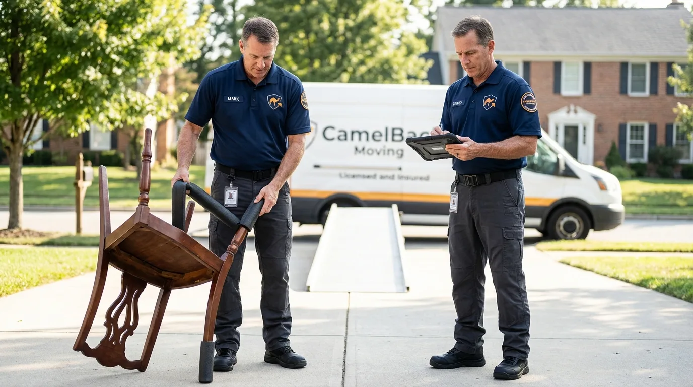 Movers inspecting furniture for damage prevention before loading in Granby, CO